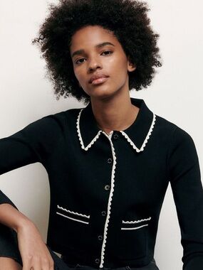 Sandro Leanna Cropped Scalloped-trim Cardigan In Black- NEW- NWT- Small